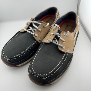 Rockport Works Boat Shoes Mens 8.5W Navy Tan Steel Toe Leather RK670 Safety Shoe